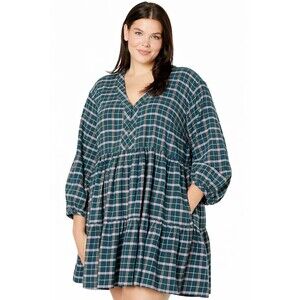 Madewell Flannel Colette Green Plaid Dress Women 18W Button Front Tiered Mini
